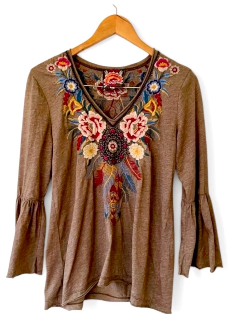 Johnny Was Embroidered Boho V-Neck Bell Sleeve Top Brown Medium Floral